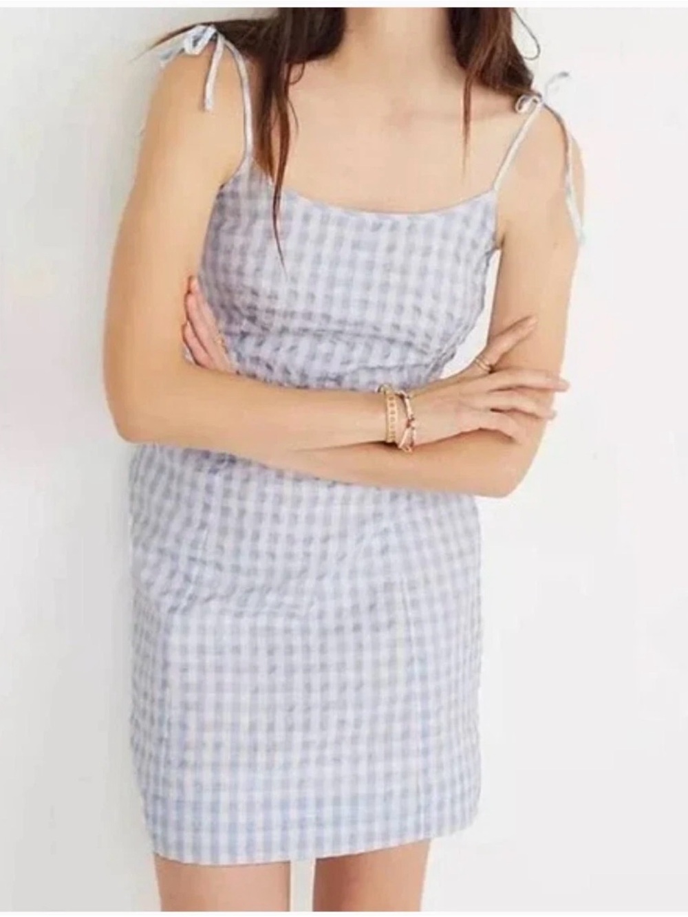 Madewell Coastal Blue and White Gingham Mini Dress, Sz 6 tie straps summer dress